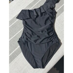 Hilor Black One Shoulder Ruffle Ruched One Piece Swimsuit Women Small